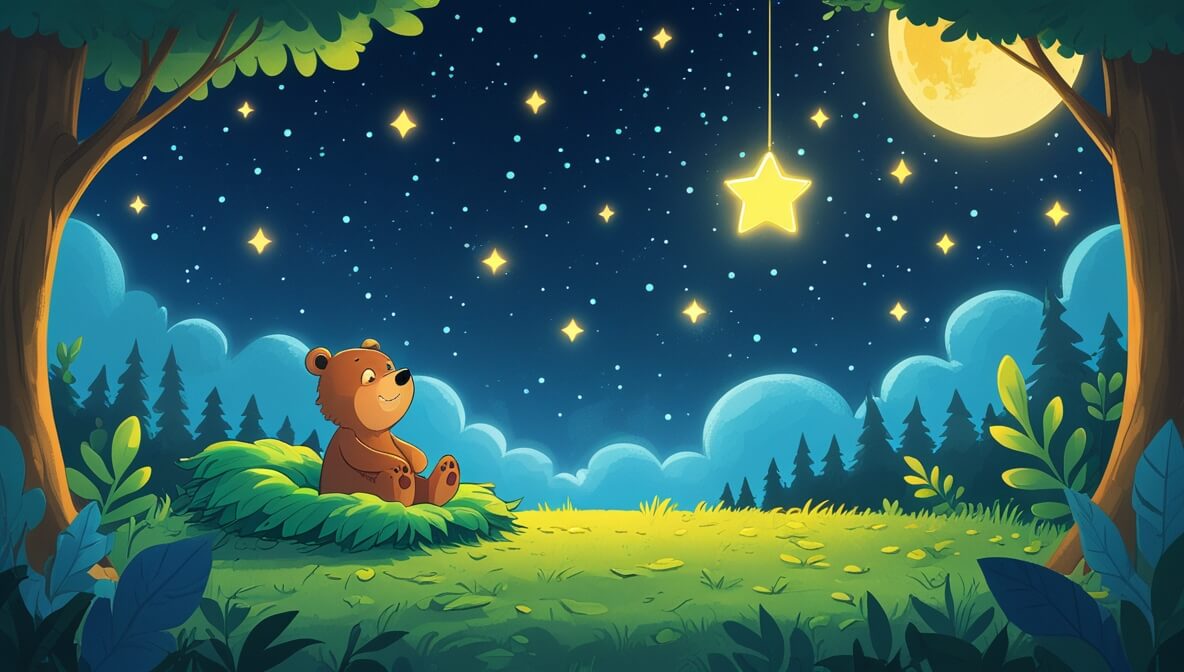 Little bear Tumble on green leaves, gazing at Starry the bright star and a glowing yellow moon in a dark blue sky.