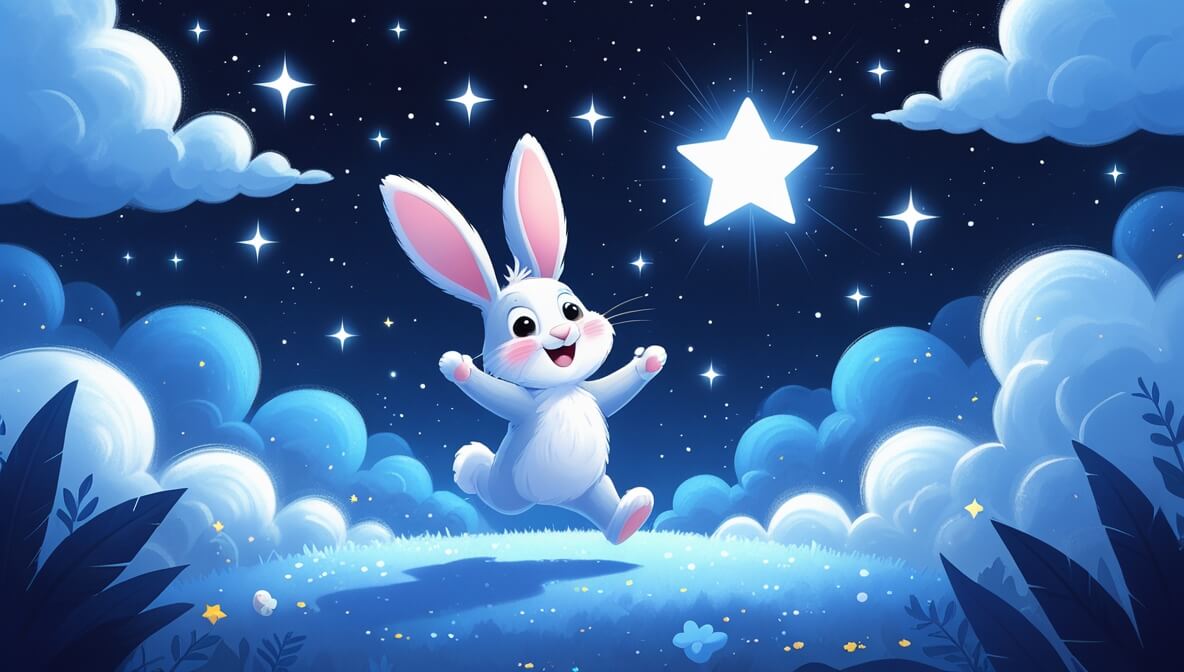 Fluffy bunny with big ears dancing beside a twinkling star in a midnight blue sky with silver stars.