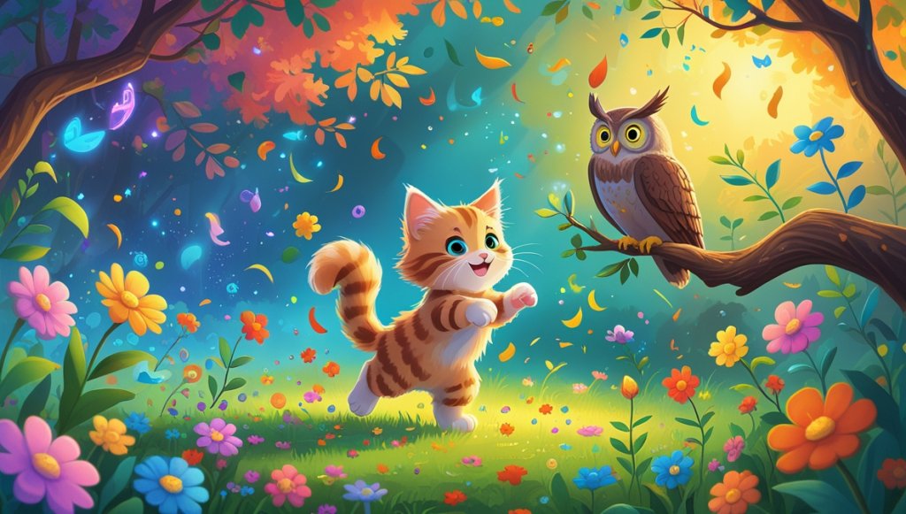 Fluffy kitten dances among singing flowers in a magical garden with a wise owl on a branch.