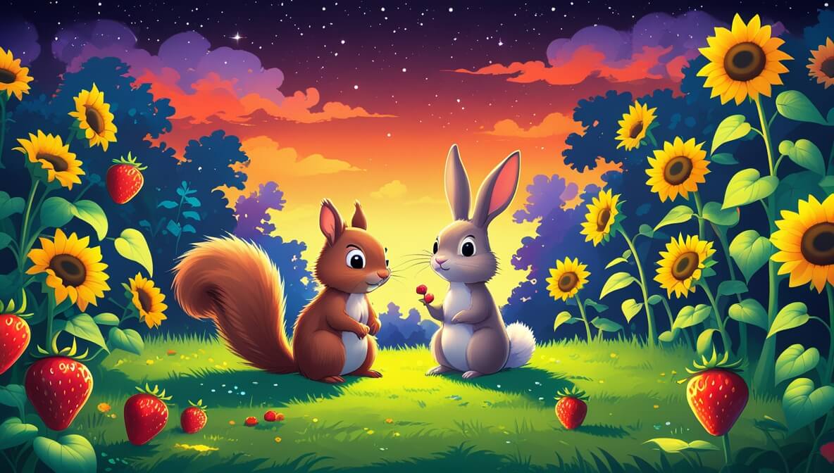 Curious squirrel and gentle rabbit in a garden with strawberries and sunflowers under an orange-purple sunset sky.