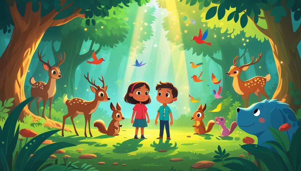 Marlo and Ayla in a sunlit forest clearing with talking animals, including Mr. Whiskers the squirrel on a branch.