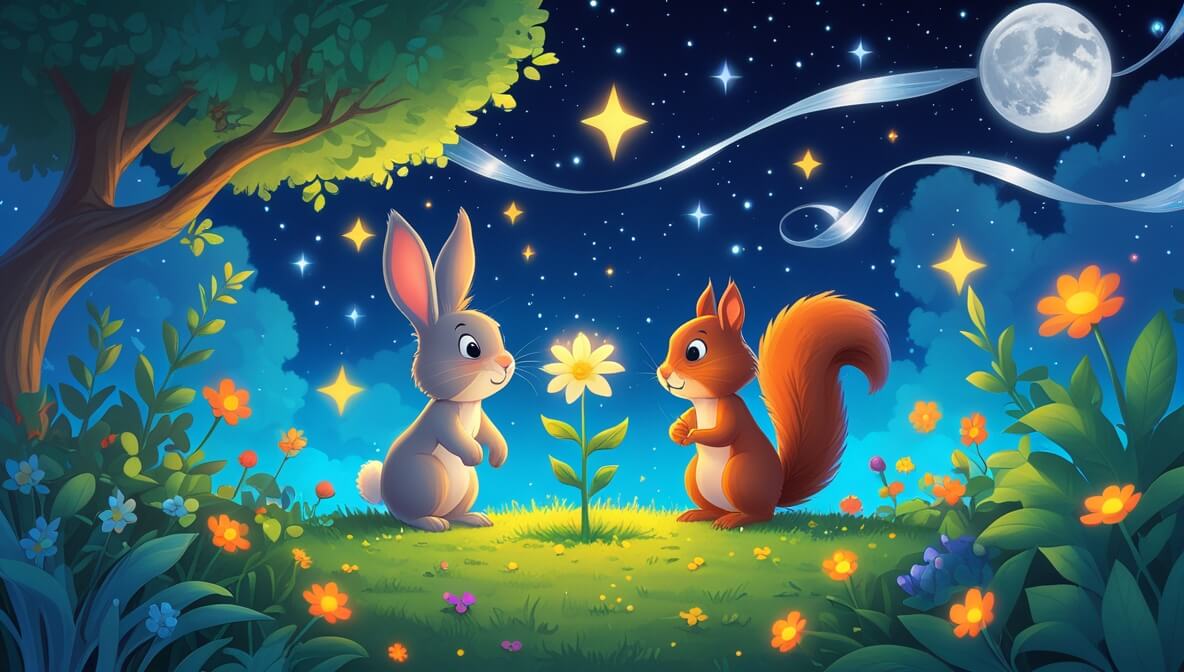 Curious bunny and playful squirrel under starlit sky, gazing at glowing flower with twinkling stars and moonbeams.
