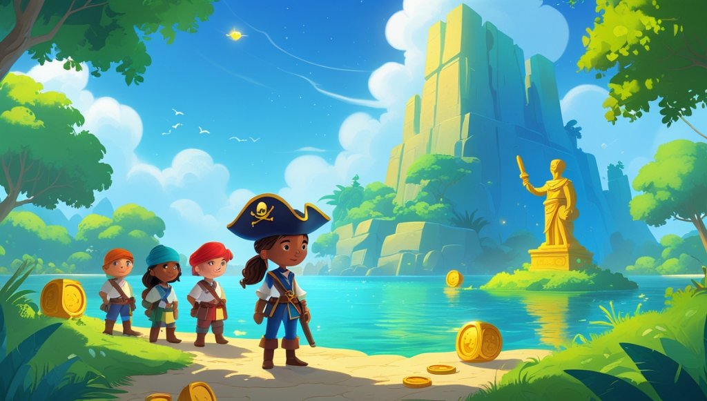 Pirate captain by a lagoon with treasure, ancient statue, and lush island under a clear sky.
