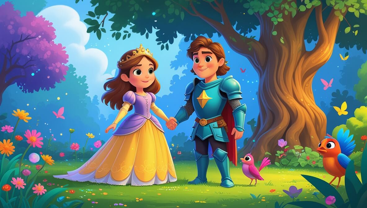 Princess Anina and Sir Tobin in a magical garden with colorful flowers and a talking bird by an Enchanted Willow.