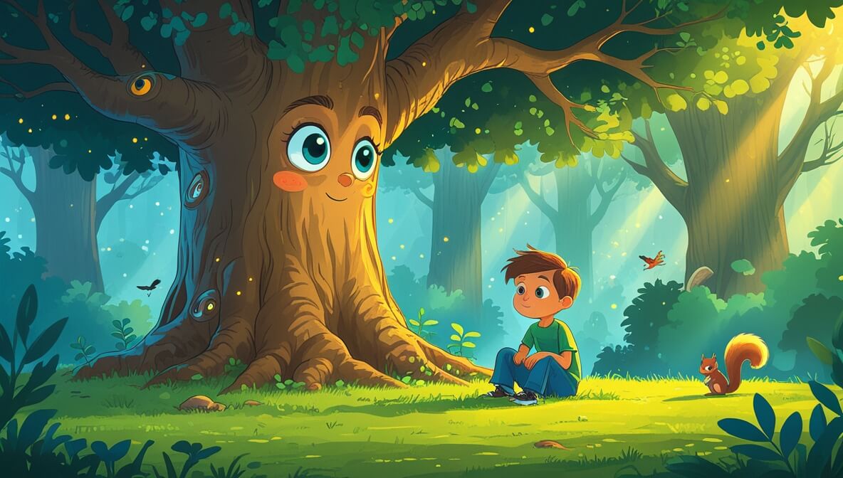 Mystical forest scene with a boy under a twinkling-eyed oak tree, a playful squirrel on a branch, and dappled sunlight.