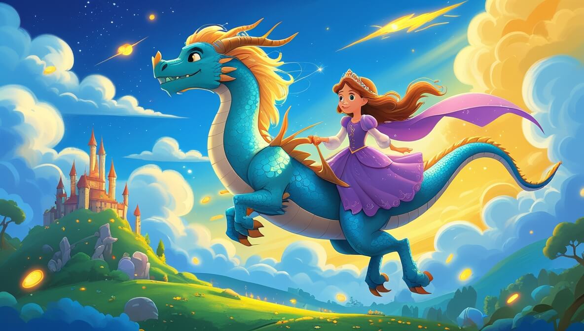 Princess on a shimmering dragon flying through a blue sky, with a knight below and a mystical city in the sunset.