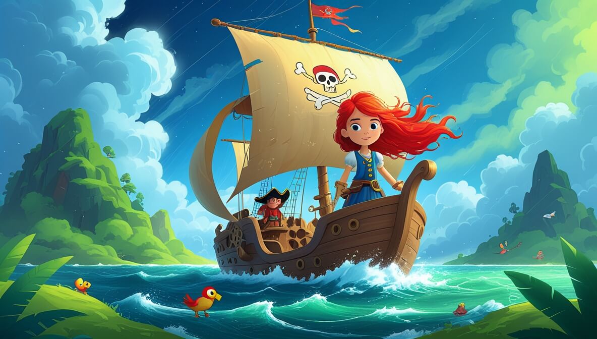Brave pirate girl on magical ship in storm, with a clever friend, colorful parrot, and a lush island ahead.