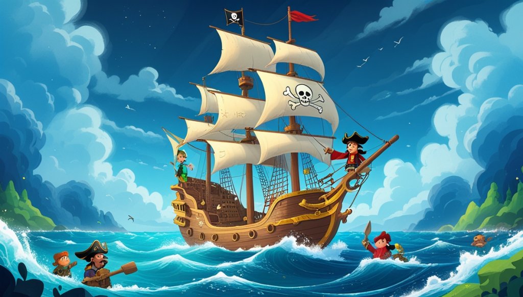 Pirate ship battling a storm, Captain Marlowe steering toward foggy Isle of Whispers, treasure cave, sea dragon.