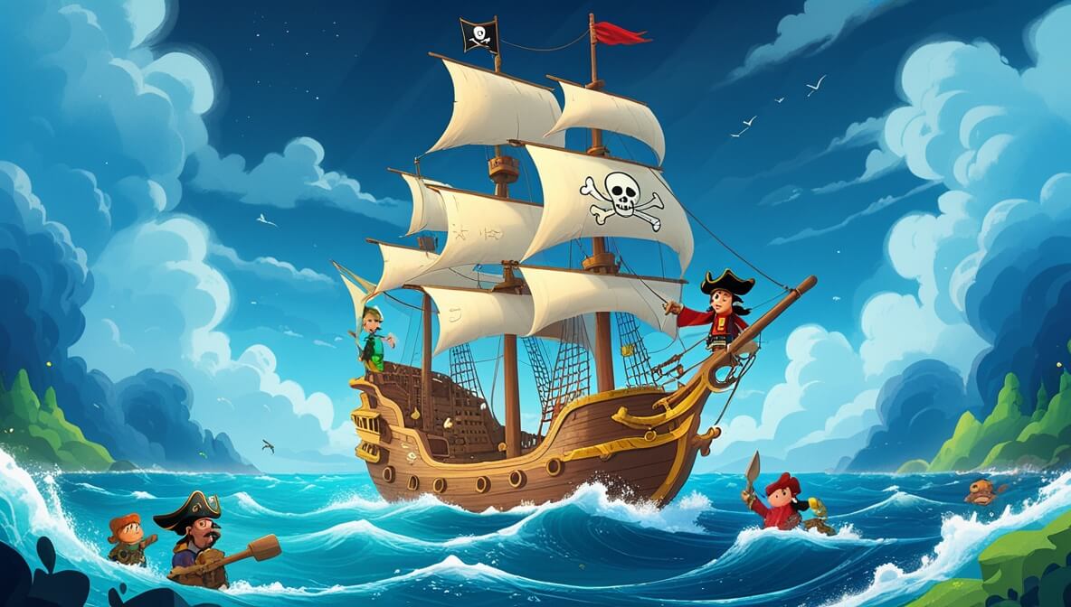 Pirate ship battling a storm, Captain Marlowe steering toward foggy Isle of Whispers, treasure cave, sea dragon.