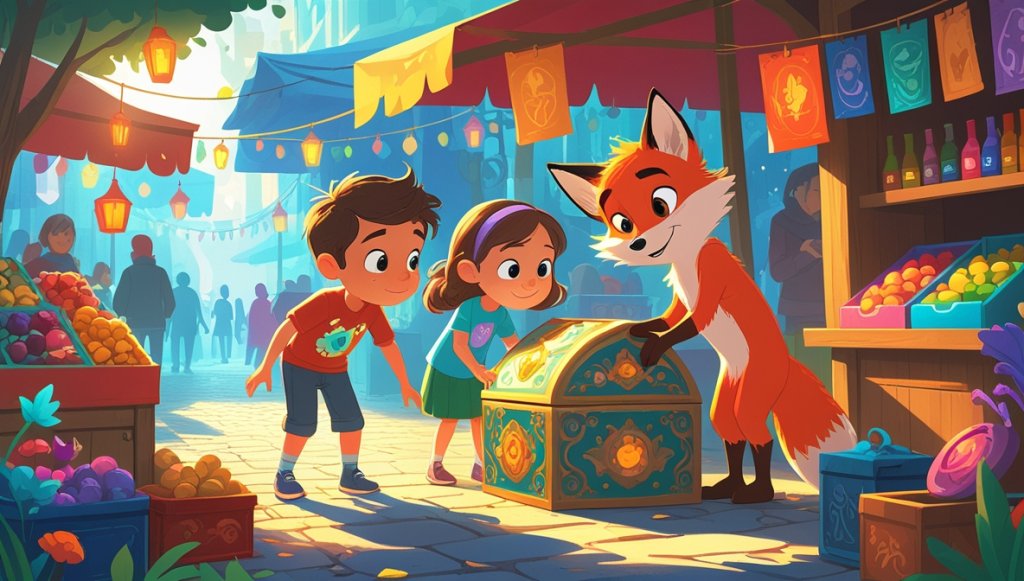 Colorful market scene with siblings, Jonas and Lina, examining a magical box, watched by a wise fox named Rustle.