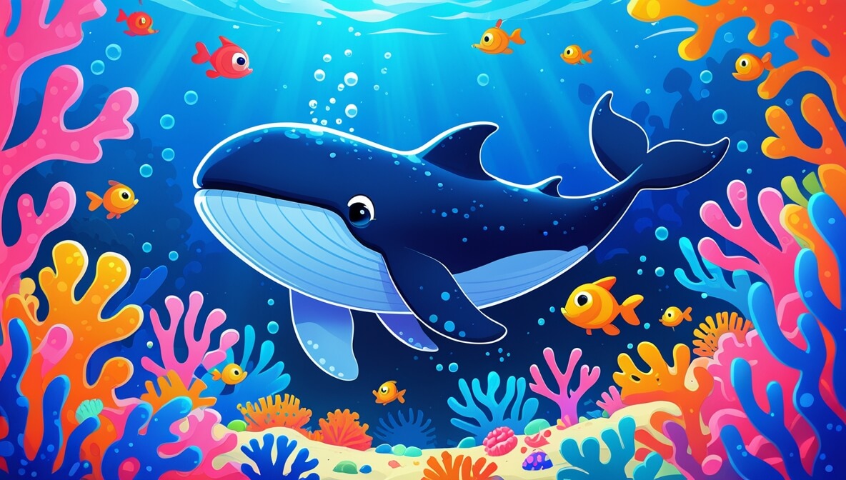 Young whale and starfish swimming in a colorful coral reef with vibrant pink, orange, and blue corals.