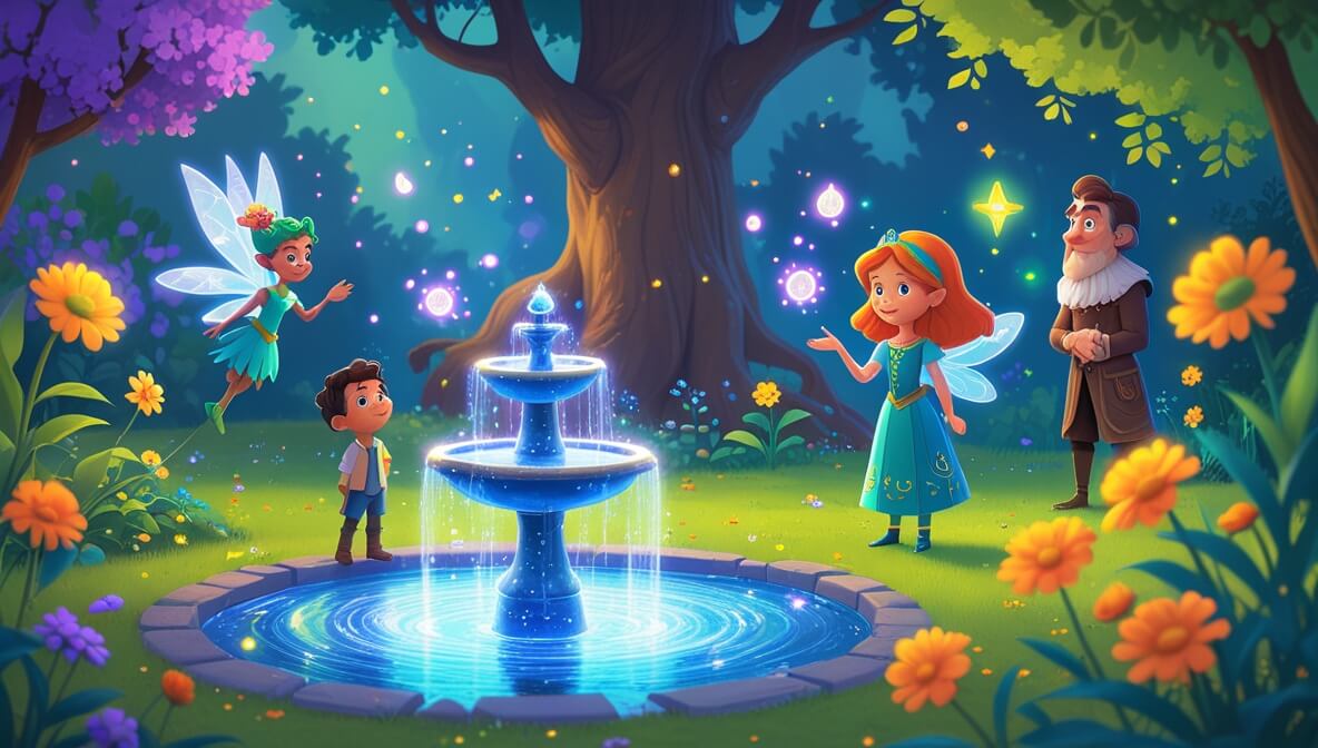 Princess Marigold by a glowing fountain, surrounded by lush flowers, with a playful sprite and watchful knight nearby.