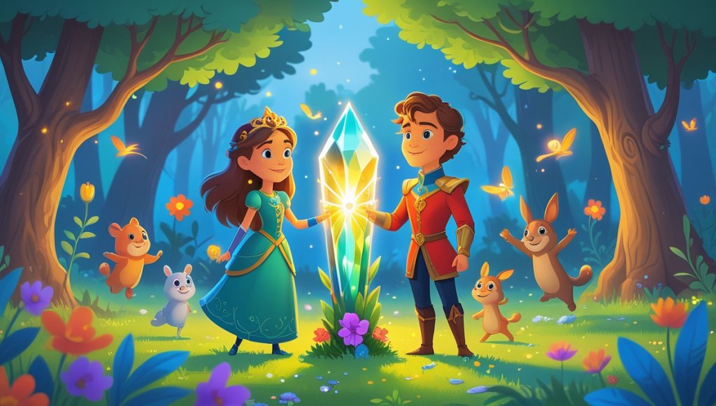 Princess Amira and Sir Cedric holding a glowing Crystal of Hope in a colorful, enchanted forest with joyful animals.