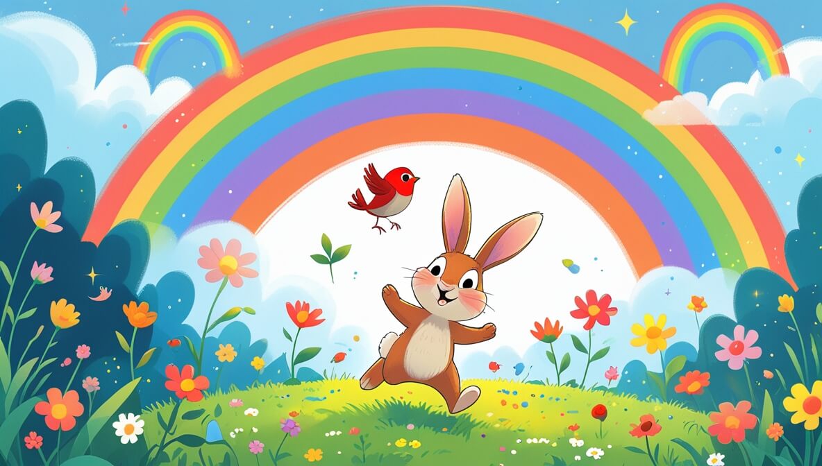 Curious bunny hopping in a flower-filled meadow with a red robin and a rainbow in a bright, magical garden.