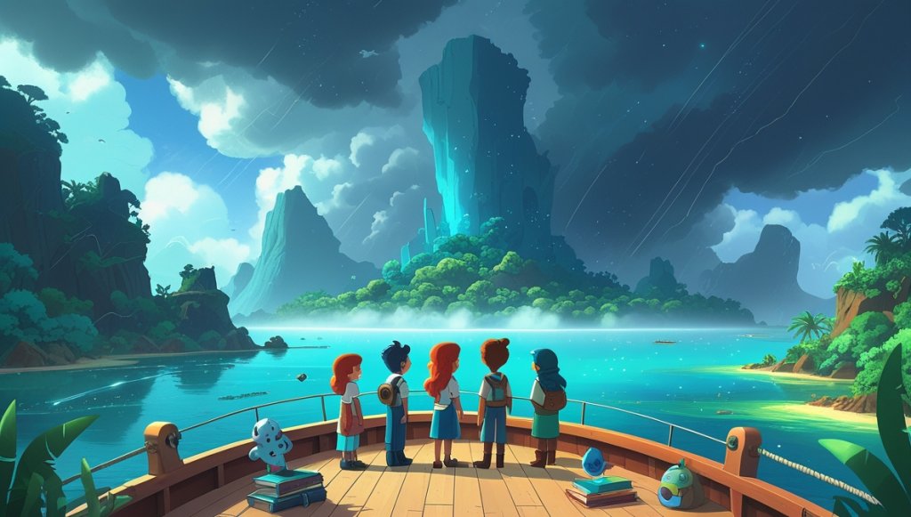 Captain Coral on Sea Star, stormy sky, mysterious Island of Whispers ahead, lush jungle, shimmering lagoon.
