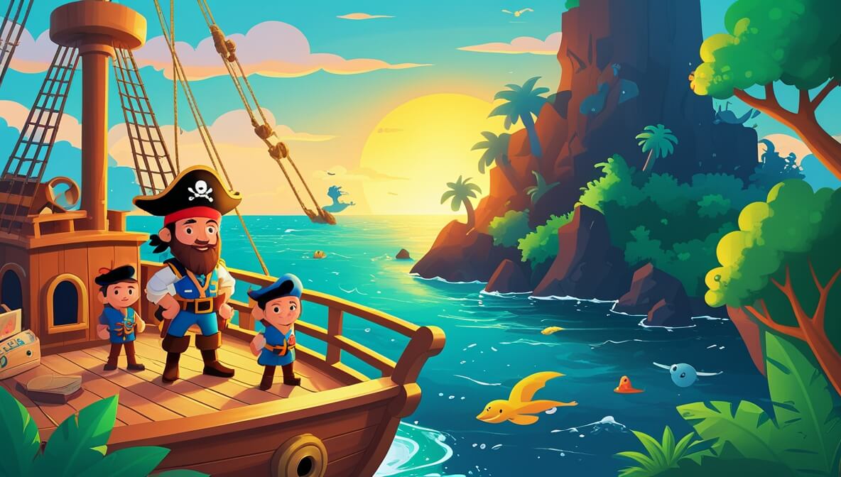 Pirate captain on ship deck at sunset, facing a mysterious island with jungle and caves, ready for adventure.