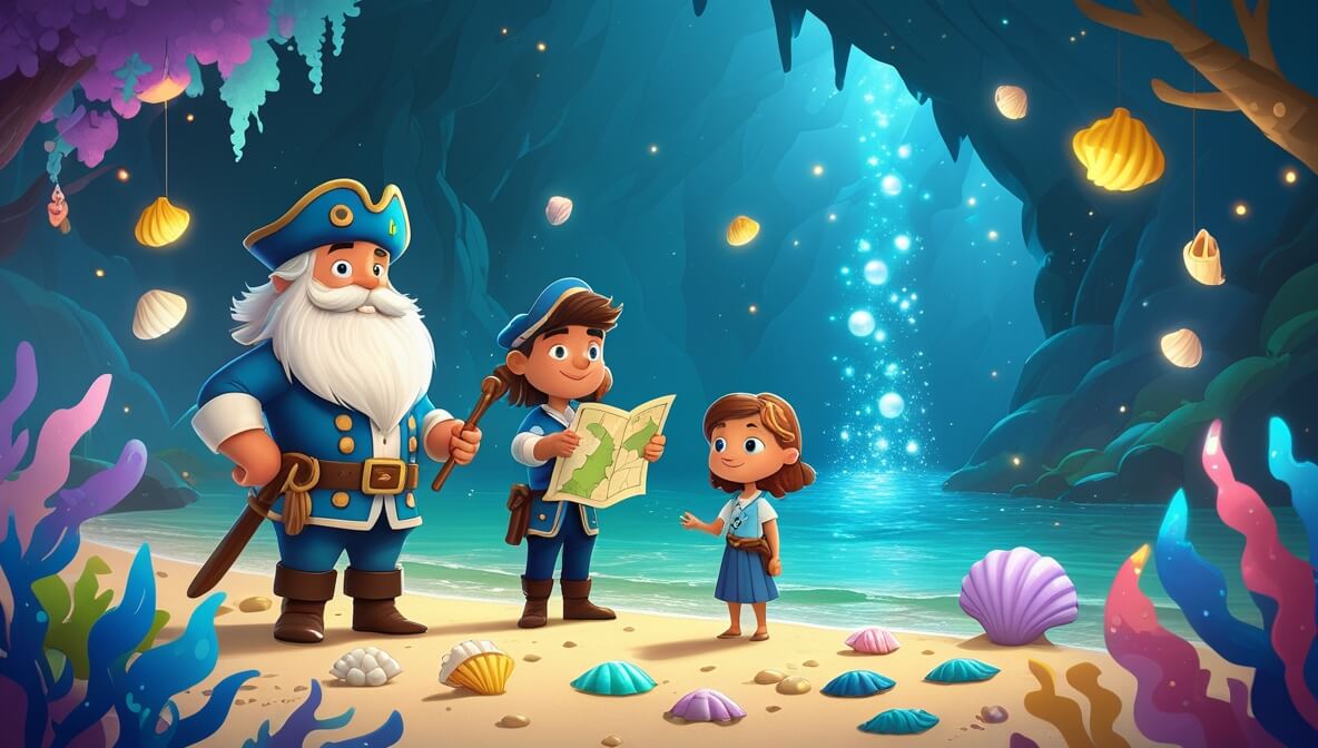 Captain Thistlebeard and First Mate Finn explore a lagoon with singing shells and glittering pearls leading to a cave.