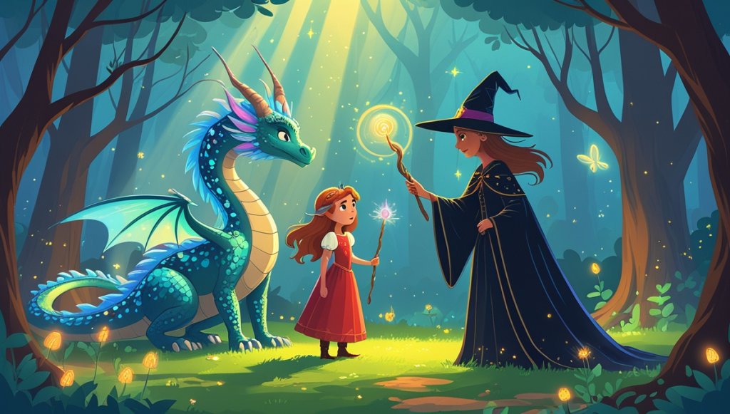 Princess with flowing hair and shimmering dragon face shadowy witch with glowing fairies and enchanted trees.