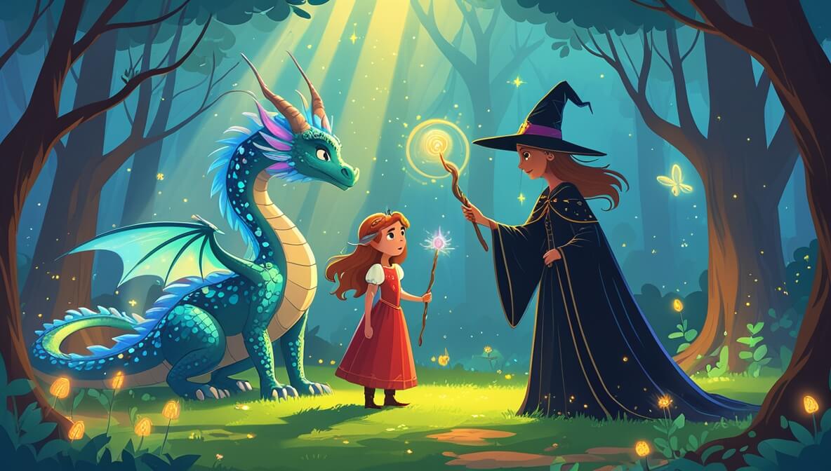Princess with flowing hair and shimmering dragon face shadowy witch with glowing fairies and enchanted trees.