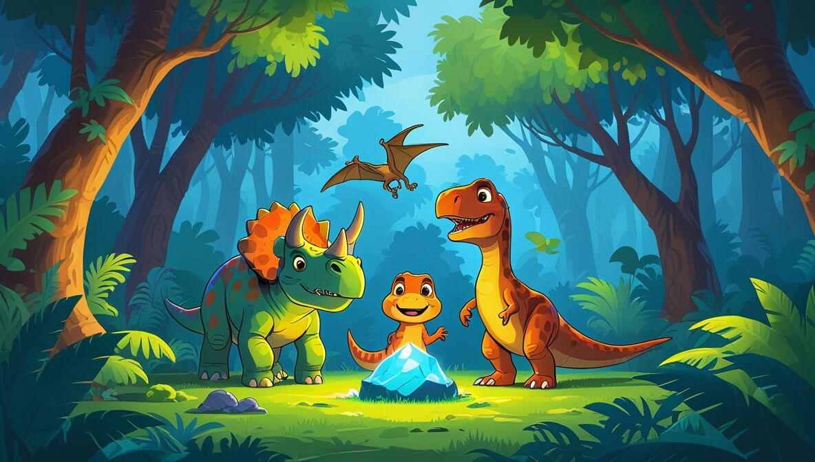 Triceratops, Pterodactyl, Velociraptor with a glowing blue stone in a vibrant prehistoric jungle.