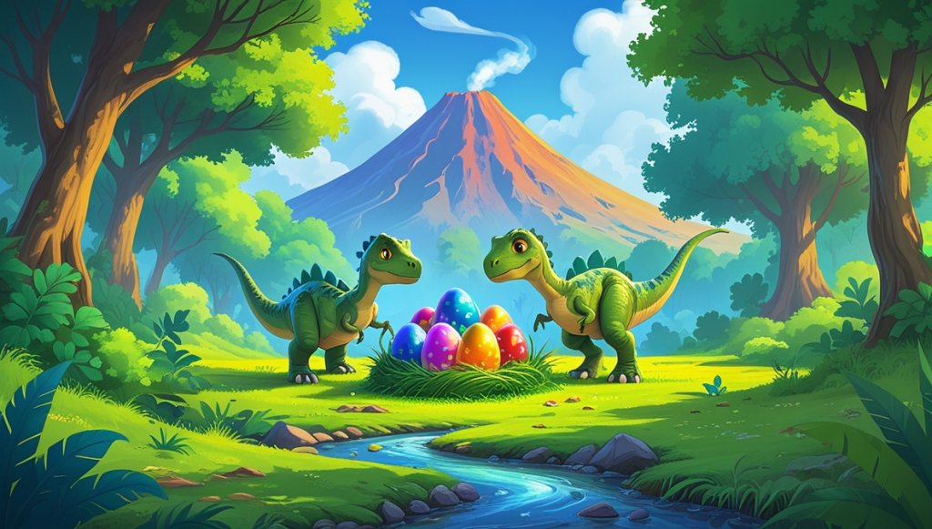 Three dinosaurs guarding colorful eggs by a stream, with a volcano and lush trees under a bright blue sky.