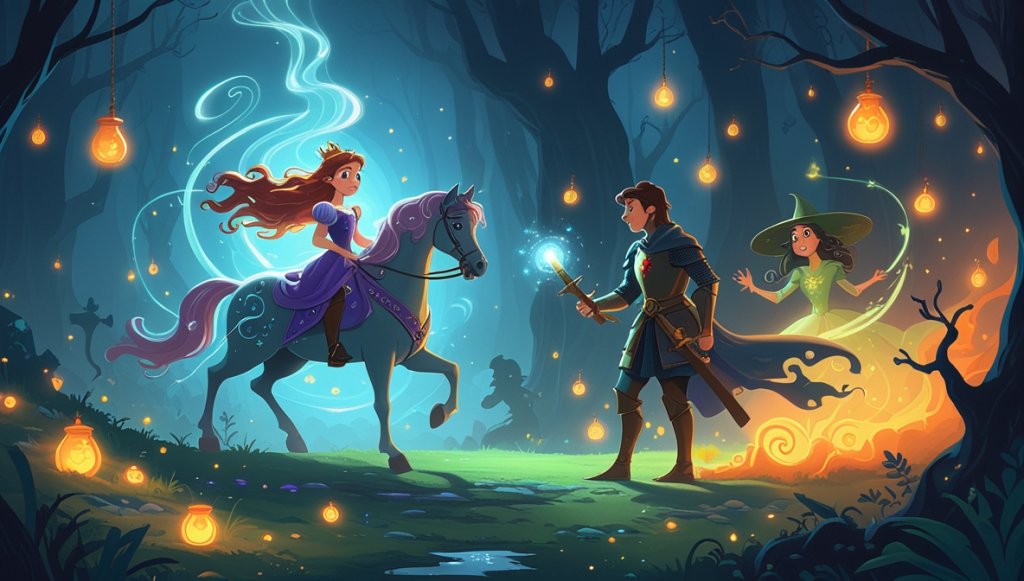 Brave princess and knight on a shimmering horse face a witch in a misty lair with glowing potions.