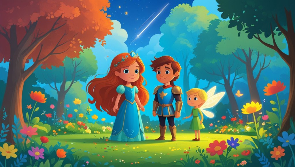 Princess Elinor, Sir Cedric, and fairy Willow in a vibrant garden with colorful flowers and a blue sky.