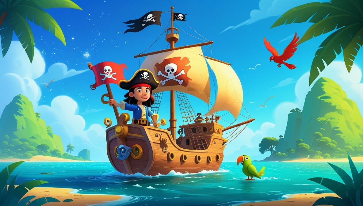 Pirate ship on ocean, Jack with glowing map, Captain Marigold, Patch the Parrot, lush island ahead.
