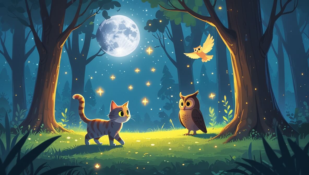 Curious cat and wise owl in a moonlit forest, surrounded by twinkling fireflies and towering trees.