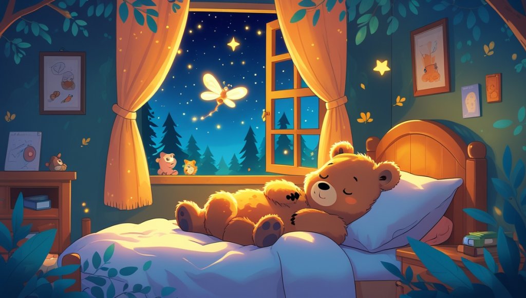 Fluffy bear Benny in bed, firefly Flicker glowing, stars twinkling outside a forest window, leaves rustling gently.