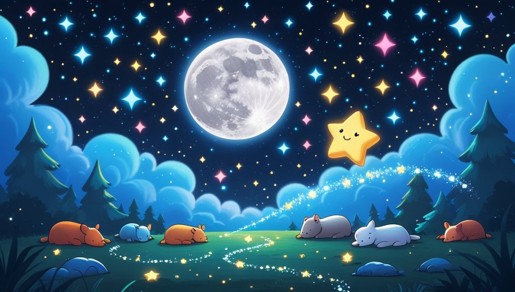 Bright star Flicker rides a silver moonbeam with Mr. Moon surrounded by colorful twinkling stars in the night sky.