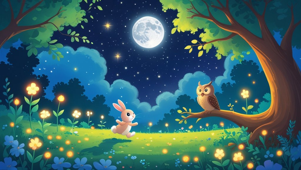 Bunny hopping in a moonlit garden with glowing flowers, watched by an owl on a tree branch under starry night.