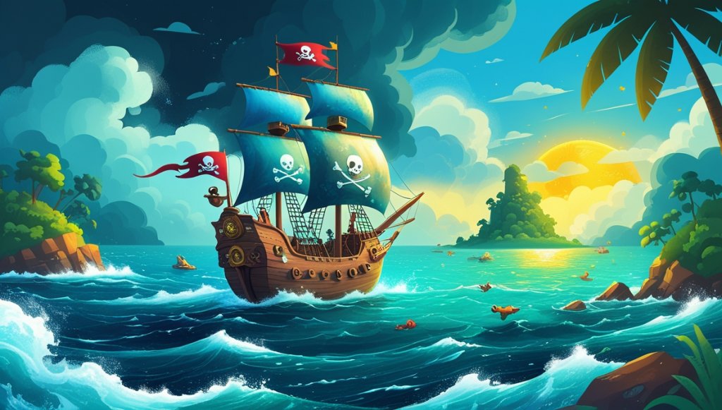 Brave Captain Finn's pirate ship sails towards a lush island, golden lagoon shining under a clear sky.