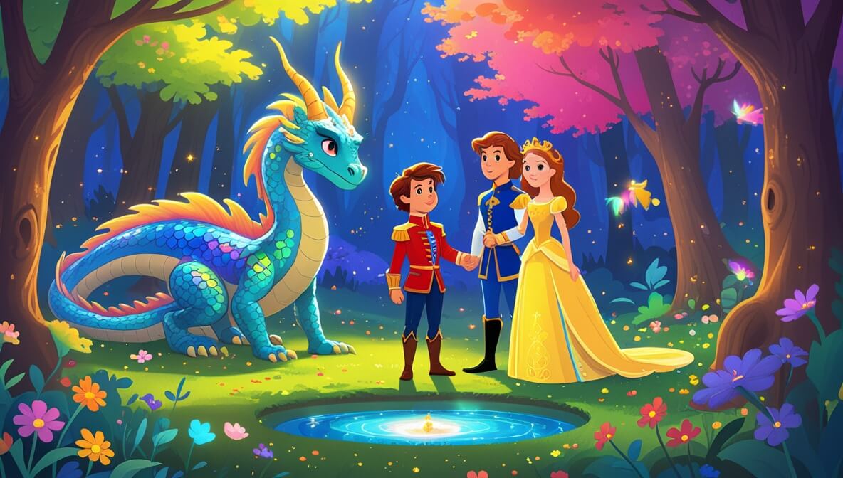 Enchanted forest with vibrant flowers, shimmering dragon, brave princess and prince by a glowing magical pool.