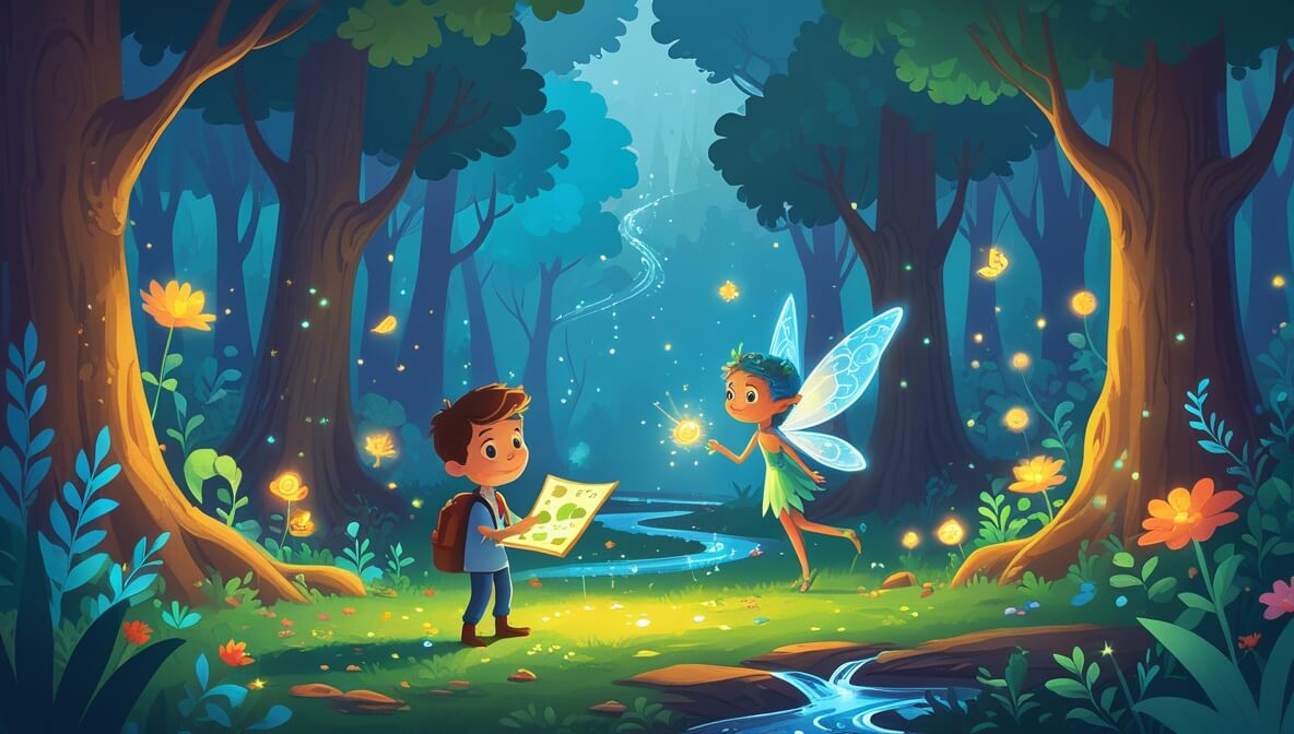 Curious boy with glowing map and a tiny fairy in a magical forest with bright flowers and mystical creatures.