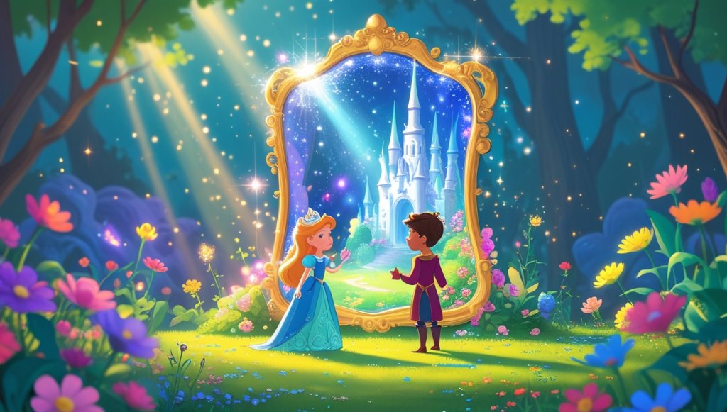 Princess and prince in enchanted garden, vibrant flowers, magical mirror reflecting a dreamy, sparkling realm.