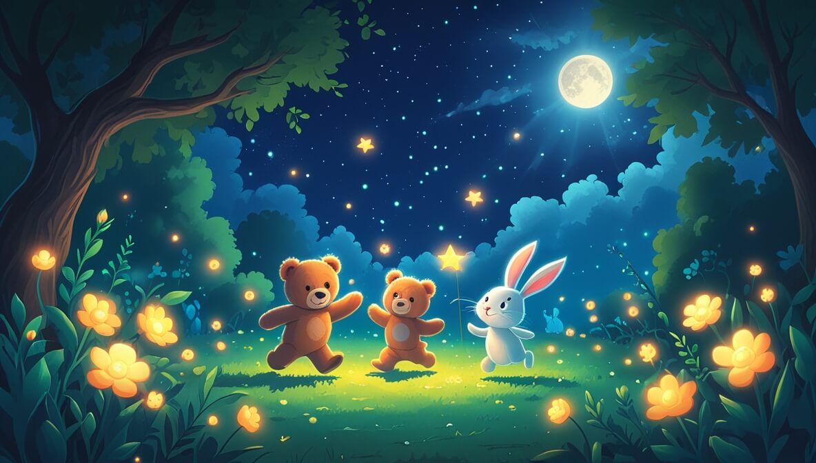 Brave teddy bear and playful bunny dance in a glowing flower garden under a starlit sky with a gentle moonbeam.