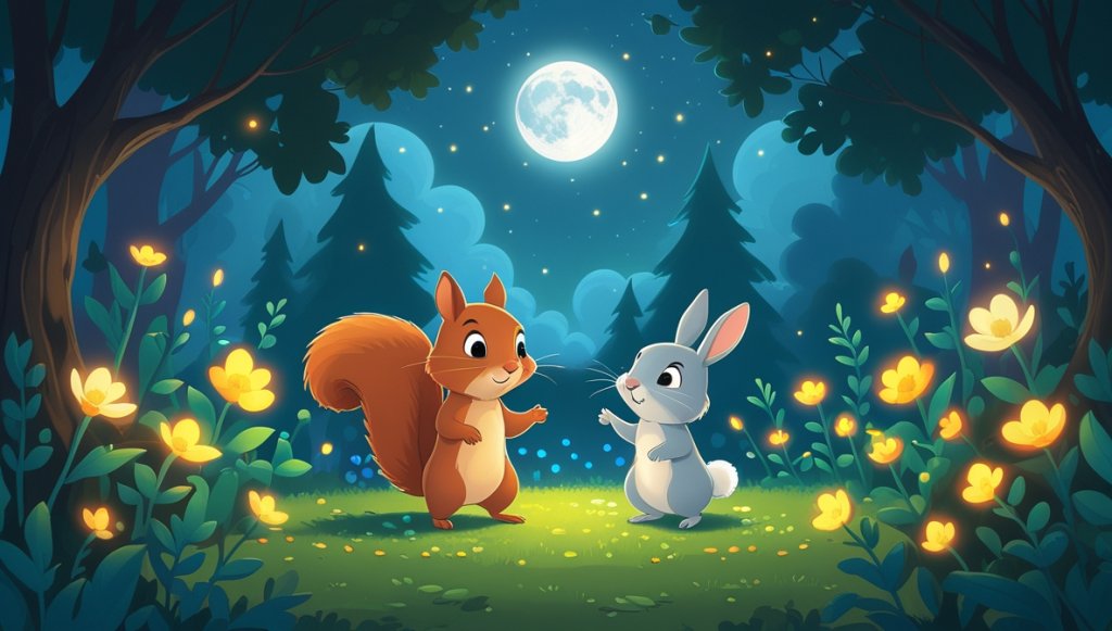 Curious squirrel and rabbit in a moonlit forest, discovering a secret garden with glowing flowers.