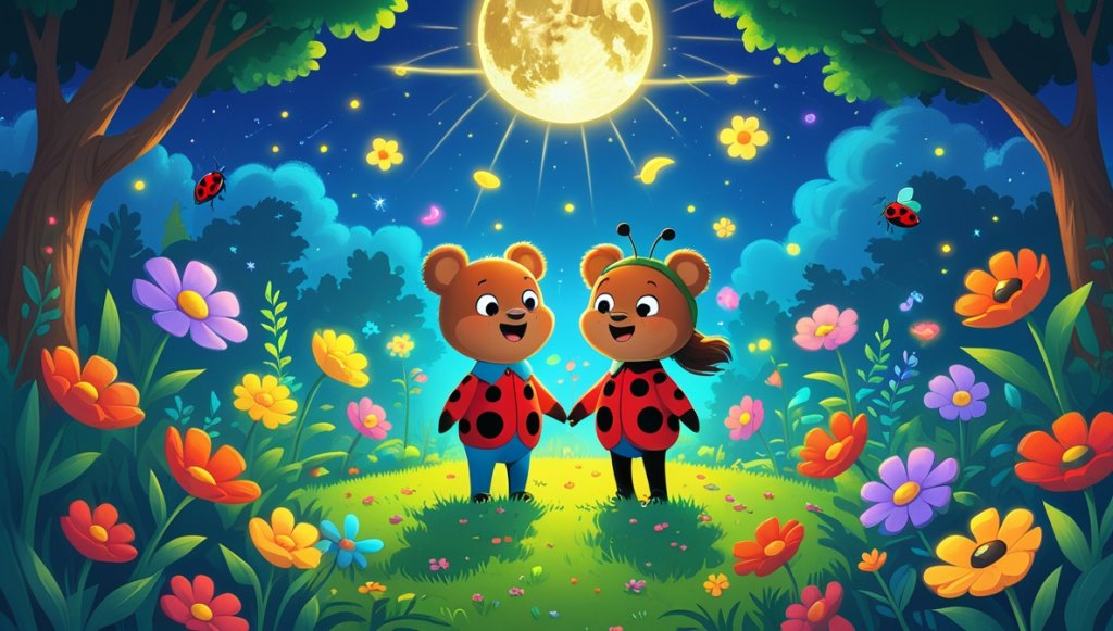Bear and ladybug in enchanted garden with glowing moon, singing flowers, and moonbeams dancing around them.