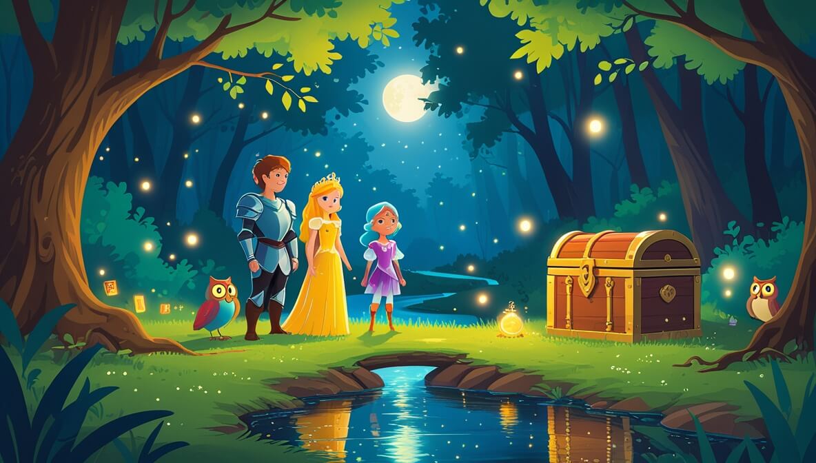 Golden-haired princess, fairy, and knight in a moonlit forest with an enchanted owl and treasure chest by a river.