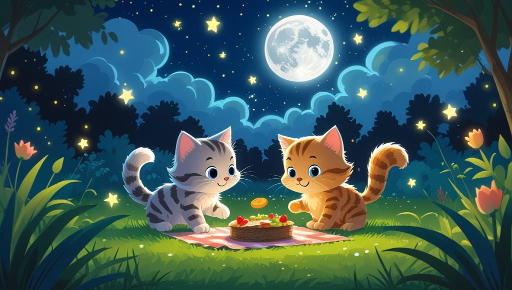 Two fluffy kittens and a hedgehog at a moonlit garden picnic under twinkling stars and a glowing full moon.