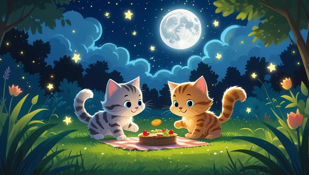 Two fluffy kittens and a hedgehog at a moonlit garden picnic under twinkling stars and a glowing full moon.