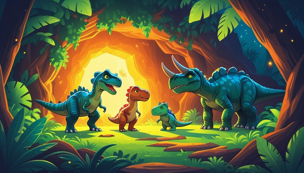 Velociraptor, Triceratops, and Brachiosaurus in a cave, enchanted by a glowing stone in a lush prehistoric jungle.