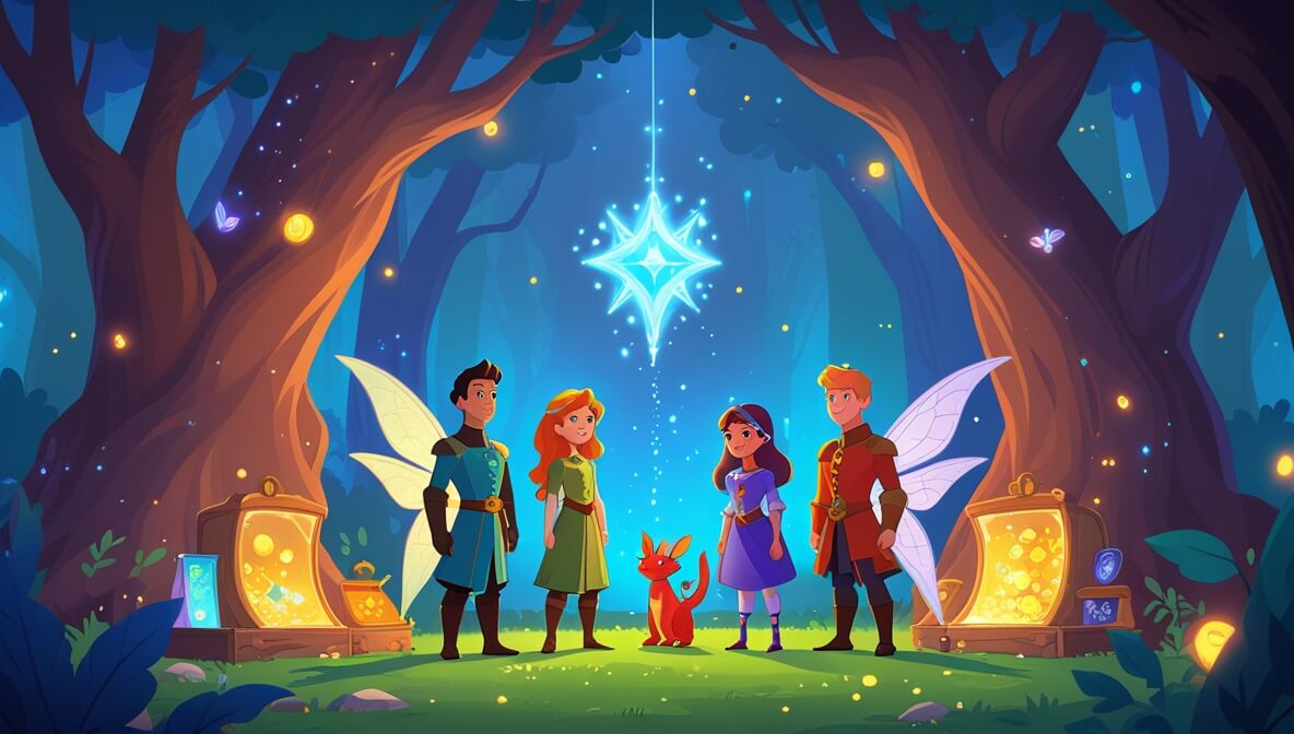 Princess, knight, fairy, and dragon in a mystical forest chamber with glowing treasures and a shimmering amulet.