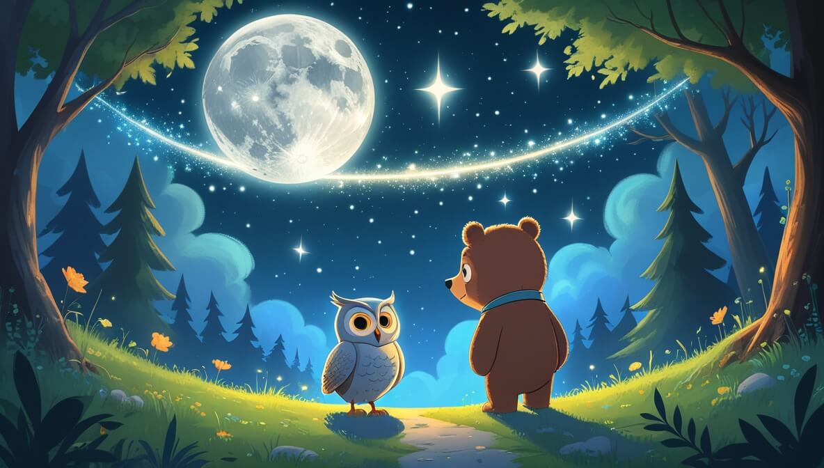 Curious bear Tumble and owl Whisper under a starlit sky, moonlit forest path, stars forming a bridge above.