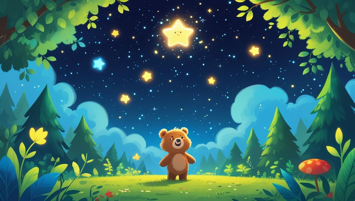 Nibbly the bear gazing at Starry, a glowing star, under a clear, starry night sky in a peaceful forest clearing.