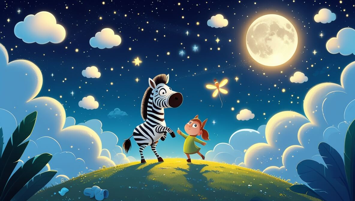 Zebra and firefly dancing on a hilltop under a starry night sky with a full moon and cloud shapes.