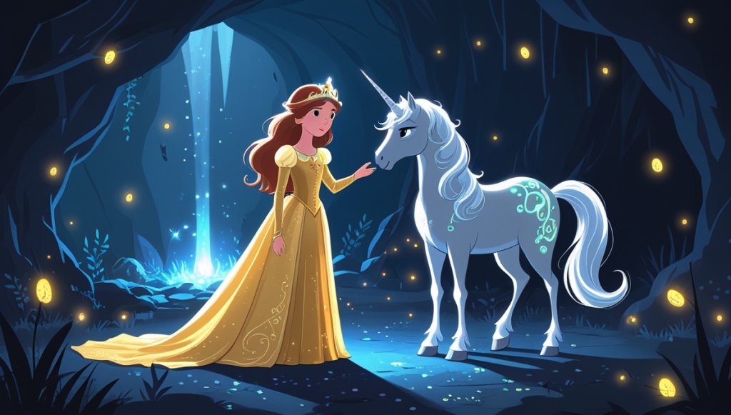 Princess in a golden gown with a unicorn facing an enchantress in a dim cave lit by glow bugs and silvery light.
