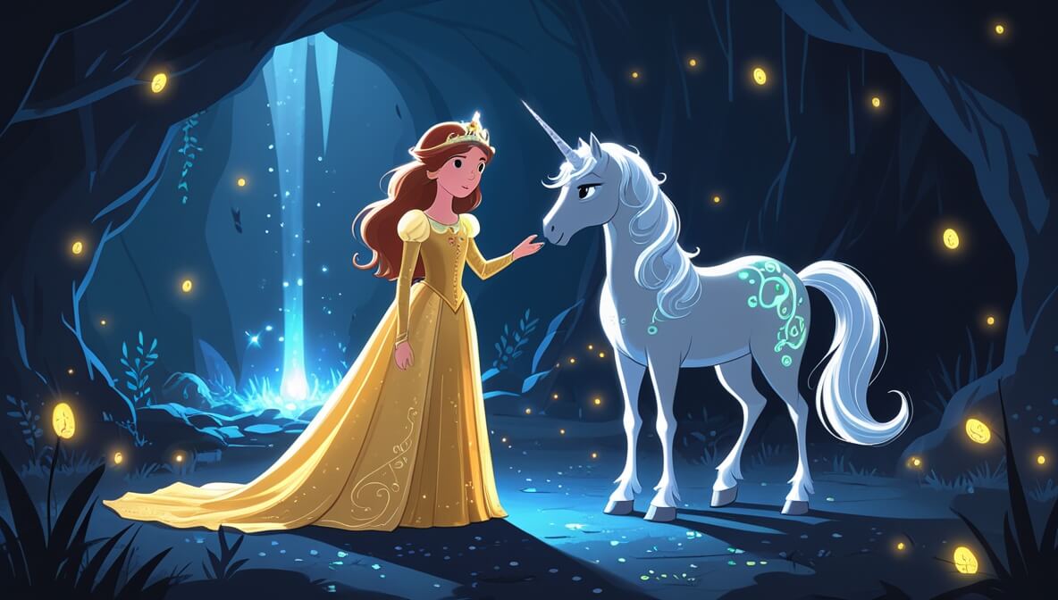 Princess in a golden gown with a unicorn facing an enchantress in a dim cave lit by glow bugs and silvery light.
