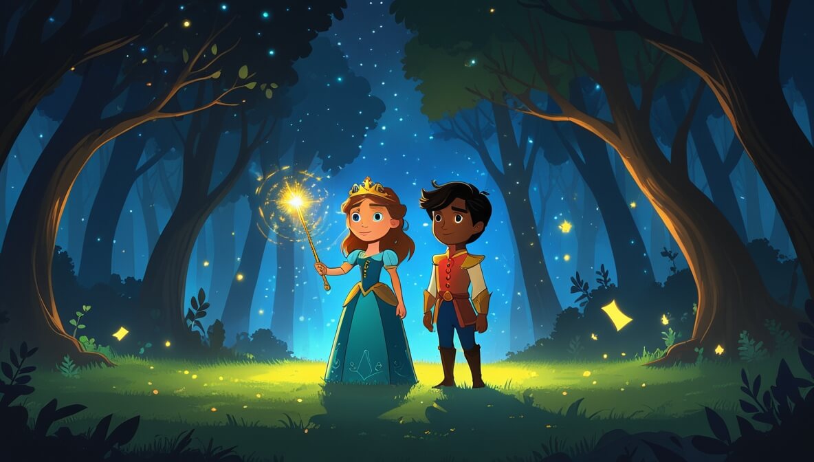 Princess Amara with a glowing wand and Prince Orion in a shadowy forest under a starry sky.